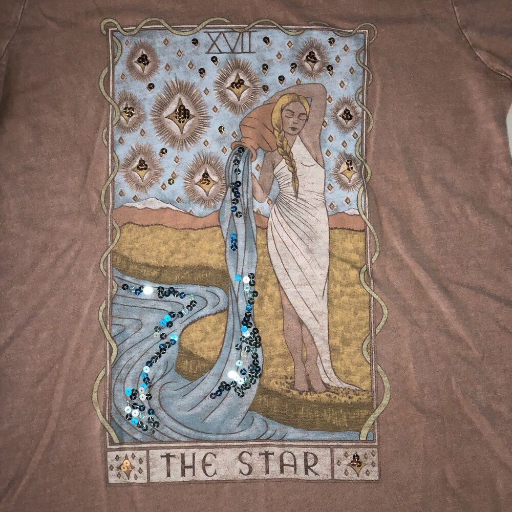 Lucky Brand women’s “the star” tarot card graphic Tee sun faded brown sequin XS - Picture 8 of 14